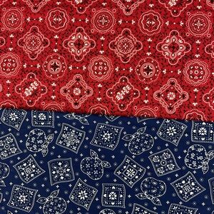 Vintage cotton fabric panel lot 2 bandana prints blue red